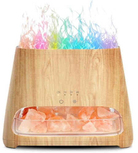 SALKING Difusor de Llama, SALKING 2-en-1 Humidificador Aceites Esenciales & Lámpara de Sal del Himalaya, Difusor de Aromaterapia con 7 Luces de Colores, para Hogar y Oficina, 150 ml (Grano de Madera)