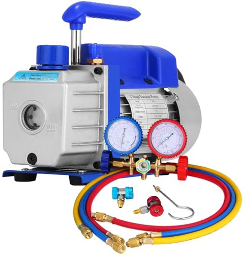 Bomba de Vacío 1,8CFM 1/4HP 220V / 50-60Hz para Aire Acondicionado Bomba de Vacío Coche con Medidor De Colector 1440 TR/Min Anti-Reflujo Aceite para Aire Acondicionado Coche Automotriz Refrigerador