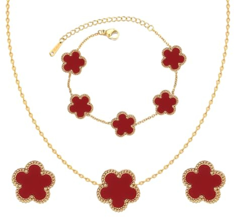 Vierblättriges Kleeblatt Schmuckset für Damen und Mädchen 18K VierbläTtriges Kleeblatt Anhänger Halskette Armband Ohrringe Hypoallergenes Glücksklee Emaille Schmuck Set für Geburtstags Valentinstag
