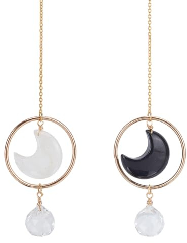 DELORIGIN 2 Stück Mond Auto Hängezubehör Obsidianglaskugel Sonnenfänger Auto Charms Hängende Ornamente Quarzkristall Boho Anhänger Für Rückspiegel