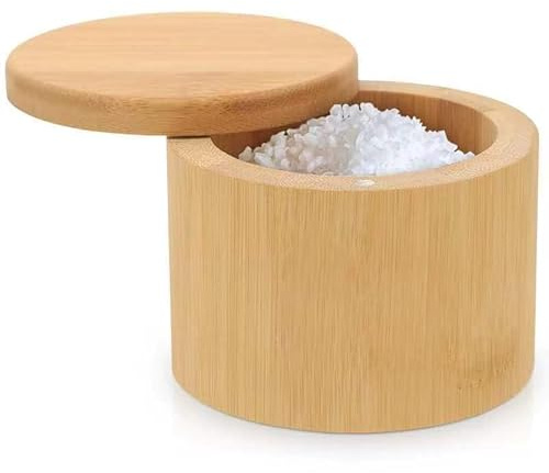 Salt Cellar, Bamboo Salt Container with Lid, Solid Salt Box Holder with 360° Swivel Lid for Countertop to Store Pepper Spice, Elegant Flaky Salt Containers Bowl on Your Kitchen, 6OZ