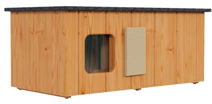 QLS Katzenhaus aus Holz mit Vorraum isoliert 86 x 47 cm Teak | Mit Hauptkammer, Vorraum, aufklappbarem Dach und 2 cm Styroporisolierung. Inklusive Sisal-Kratzbrett und Lamellenvorhang