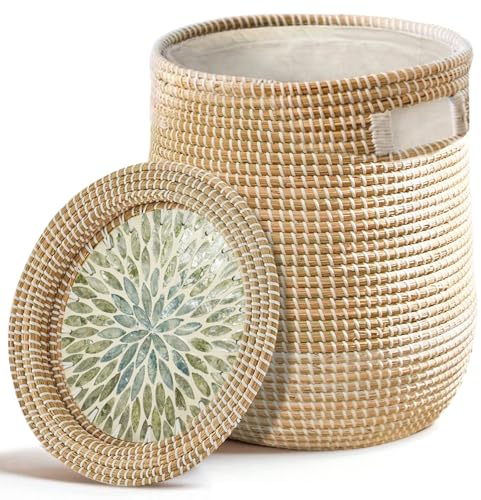 Laundry Hamper(2 Pices) with Lid Handles 14.96Gal & 7.43Gal Seagrass Laundry Hamper Round Decorative Basket Handwoven Rattan Storage Basket with Removable Liner for LivingRoom Bedroom Bathroom