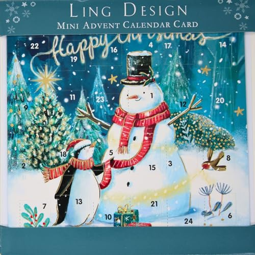 Countdown to Christmas - 24 Door - Festive Mini (6.5 x 6.5) Advent Calendar Gift Card with Envelope by Ling Design (Snowman & Penguin with Gifts)