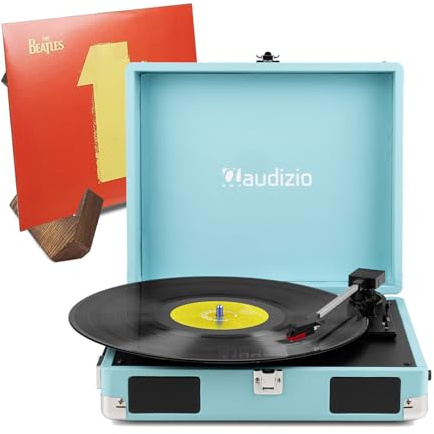 Audizio RP111BL Suitcase Record Player with Built-In Stereo Speakers, 3-Speed Turntable, USB-C Power, Auto Stop, Headphone & Line Out – Retro Blue Vinyl Player & Display Stand for Home Audio