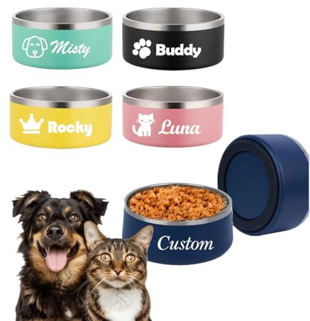 Personalized Cat Dog Bowl with Engraved Name Custom Non Slip Pet Bowls | Customized Stainless Steel Durable Double Layer Reinforcement Cat Water Food Bowl for Pet's Present 16 oz.