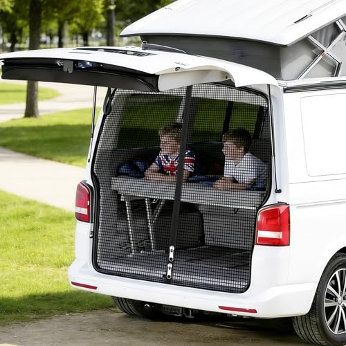 YY-JUNYING Magnetic Tailgate Mosquito Net for VW T5 T6 - Rear Boot Sun Shade & Fly Screen with 3-Way Zipper - Breathable Mesh Curtain for Camping & Trave