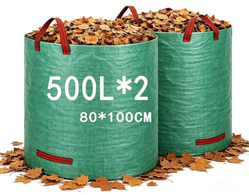 Garden Waste Bags 500L 2Packs, Reusable Heavy Duty Garden Sacks with Handles, Builders Bags Refuse Rubbish Bag, Waterproof Large Garden Bags for Collecting Plant Leaf Trash Debris and Yard Waste
