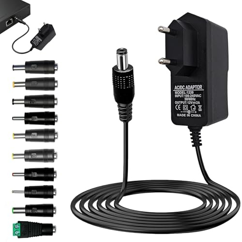 Adaptador de Corriente 12V 2A 24W con 10 Enchufes DC y Conector 5.5x2.1 mm, Fuente de Alimentación Universal AC DC, Corriente Estable para Router Cámara CCTV Tiras LED Monitor LCD TV Box