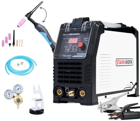 Starkwerk Schweißgerät 2 in 1 Kombi TIG-WIG/MMA 200 P - 200 Ampere - DC - HF-Zündung Puls - Hotstart, Anti-Stick, geeignet für Stahl, Edelstahl, Kupfer und Messing