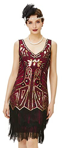 BABEYOND Abito da Cocktail da Donna con Scollo a V, Oro e Rosso Vino, S