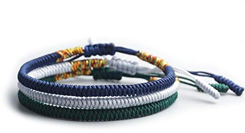 EXINOX Braccialetto tradizionale tibetano con nodi, fatto a mano, da uomo, donna, spirituale buddista | blu grigio verde | 3 pezzi