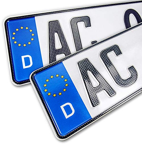schildEVO 2 Carbon Kfz Kennzeichen | 480 x 110 mm | OFFIZIELL amtliche Nummernschilder | DIN-Zertifiziert – EU Wunschkennzeichen mit individueller Prägung | Autokennzeichen