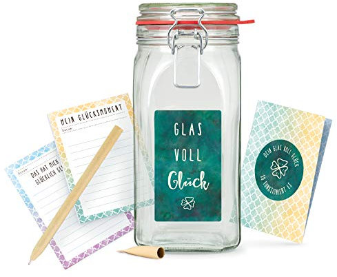 Glas voll Glück - ein großes Bügelglas, in dem all Deine Glücksmomente gesammelt werden, befüllt mit: 1x Glücksstift, 2x Blöcke zum Schreiben, 1x Anleitung, süße Geschenk-Idee für Glückssammler