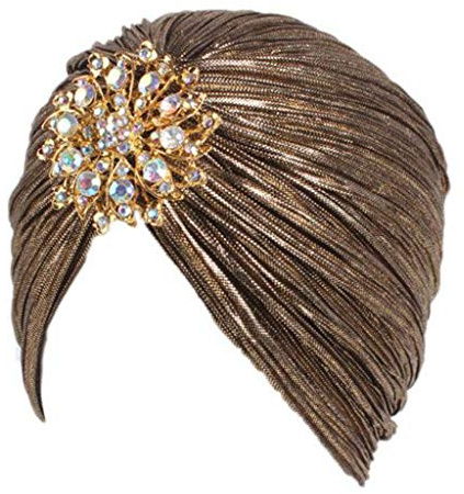 NUEEUDD Turban Hut 1 Stück Frauen Indian Turban Hut Kopf Wrap Plissee Soft Velvet Hair Hijab Caps mit Brosche Deep Gold