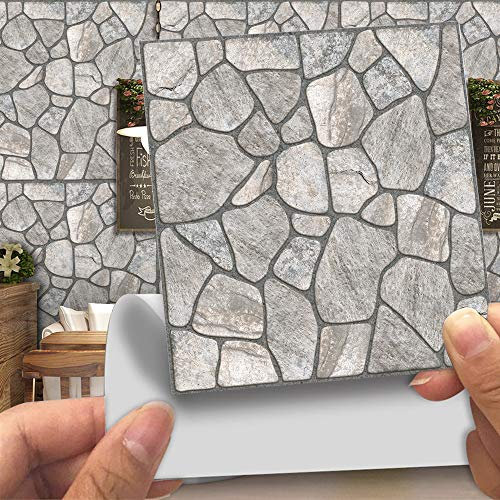 Hiser Adhésive Décorative à Carreaux pour Salle de Bains et Cuisine Stickers Carrelage, 20 Pièces Faux Cuir Style de Pierre 3D Imperméables Auto-adhésifs Décoration (Pierre Grise,20cm)