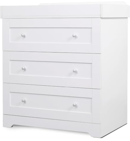 Tutti Bambini Rio Chest Changer, 3 Drawer Baby Dresser - White | Solid wood nursery changer with removable top and three drawers for organised baby storage.