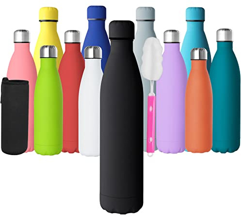 GeeRic Wasserflasche aus Edelstahl, Wasserflasche aus Metall, doppelwandig, vakuumisoliert, 12 Stunden heiß und 24 Stunden, kalte Getränke, 1000 ml/34 Oz, Schwarz