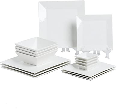 Porlien 16-Piece Classic Square Dinnerware Set for 4-Square Dinner Plates, Dessert Plates, Bowls & Dipping Saucers, Off White Dishes for 4