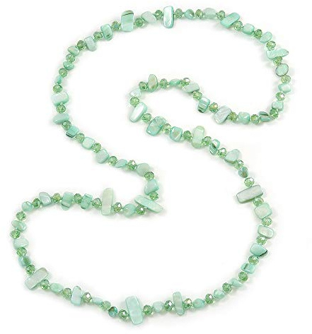 Avalaya långt halsband i pastellgrön/mintgrön/grön 110 cm, glas skal, Skalglas