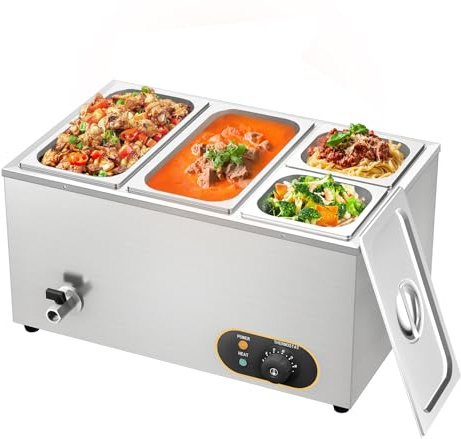 MOOTACO Bain Marie Électrique en Acier Inoxydable Commercial,4 Récipients | 30-85°C Température Réglable,1500W,Professionnel Buffets,Avec couvercles&robinet vidange,2xGN 1/3 +2xGN1/6 Récipients