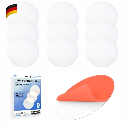 KROPP Selbstklebende Diffusorfolien für LED Lampen, Kreiszuschnitt, Milchglasfolie für schöne Optik und weiche Lichtstreuung, Diffusor gegen Blendung, Opalfolie für LED Spots (⌀ 50 mm)