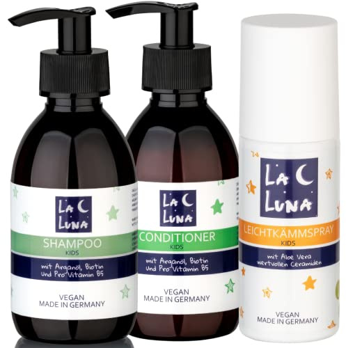 Kinder Haarshampoo+Conditioner+Leichtkämmspray mit Aloe Vera|wertvollen Ceramiden|kein Ziepen|vegan|Kinder |Haarkur|Jungen Mädchen|Hair leave in LA LUNA® Haarpflege -550ml