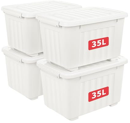 Cetomo 35L*4 Scatole di Stoccaggio con Coperchi, Contenitori in Plastica con Ruote, Clip On, Impilabili, Incastonabili, Organizzatore a Righe per Casa Ufficio, Bianco, 35L-4 Pezzi