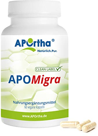 APOrtha® APOMigra, 60 vegane Kapseln, Nährstoffkomplex mit 250 mg Magnesium, 2,8 mg Riboflavin und 100 mg Q10 pro Tagesverzehr, optimiert mit Vitamin B12, vegan, glutenfrei, laktosefrei, allergenfrei