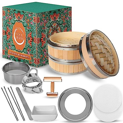 COOL DESIGN Set para cocinar al vapor, Vaporera de bambu reforzada, todo lo que necesitas para hacer gyozas, dumplings, vaporera de vambu, cocina saludable