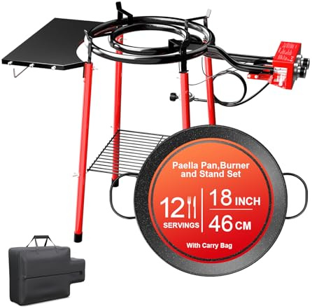 GRILL FORCE Juego de paellera y quemador de 18 pulgadas, juego de quemador de paella y soporte, juego de paellera, sartén de 18 pulgadas, paellera, kit de paella con bolsa de transporte, manguera