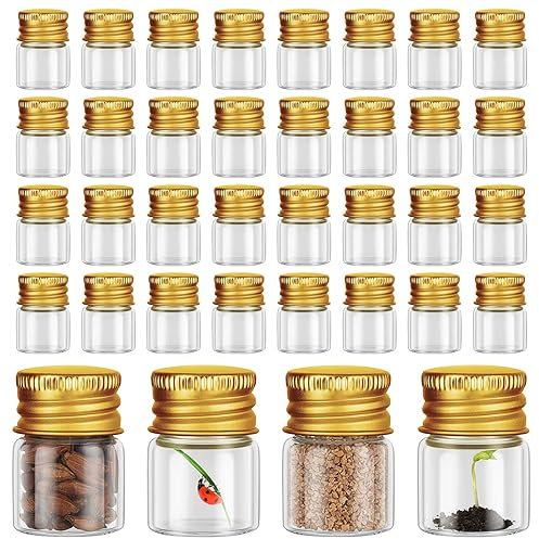 Tessco for you Mini-Glasflaschen mit Aluminiumdeckel, 5 ml, kleine Gläser, kleine transparente Ampullen mit Schraubverschluss, kleine Behälter für Bastelarbeiten, goldfarben, 200 Stück