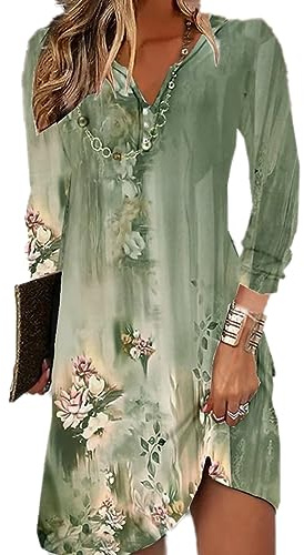 GRMLRPT Damen Langarm V-Ausschnitt Kleid Bohemian Blumen Sommerkleider MiniKleid Blumendruck Lose Tunika Freizeitkleid MiniKleid(Grau,M)