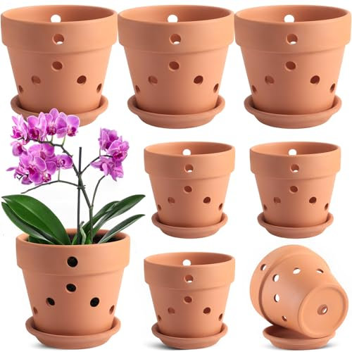 Layhit Lot de 8 pots à orchidée en terre cuite avec trous et soucoupes de 10,2 cm et 15,2 cm pour rempotage - Pots à orchidée pour intérieur et extérieur (style moderne)