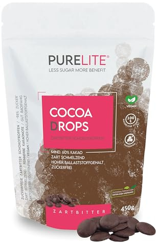 PURELITE Cocoa Drops Zartbitter, vegan, Low-Carb, feinherbe große Schokodrops, zuckerfrei m. Erythrit & Stevia, mind. 60% Kakao – Backen, Schmelzen, Snacken, Schokobrunnen, Fondue & Kuvertüre, 450g
