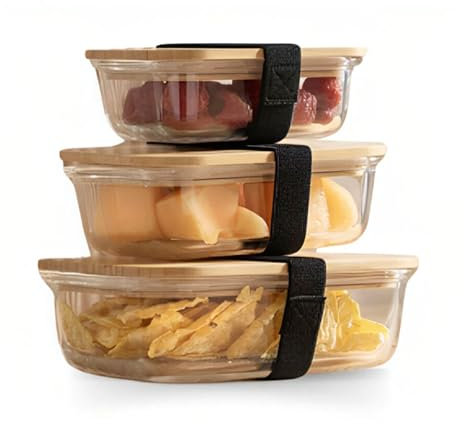 HOUSZY Glass Food Storage Containers with Bamboo Lids – Set of 3 Rectangular Borosilicate Glass Meal Prep Containers – 370ml, 640ml, 1050ml – Airtight, Microwave & Oven Safe