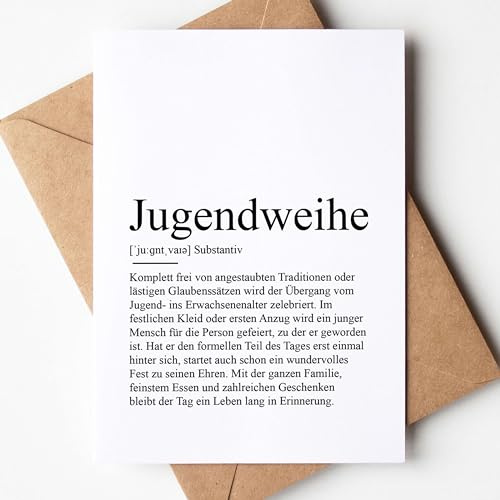KAMEWI® Grußkarte JUGENDWEIHE Definition | Klappkarte mit Briefumschlag aus Kraftpapier | Jugendlich Kommunion Konfirmation Kirche Firmung