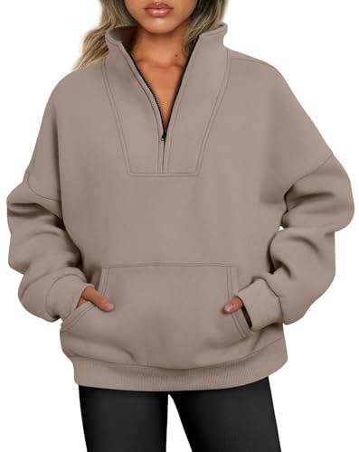 Jhsnjnr Damen Langarm Fleecepullover Half Zip Sweatjacke Oversize Sweatshirt ohne Kapuze Herbst Reißverschluss Oberteile