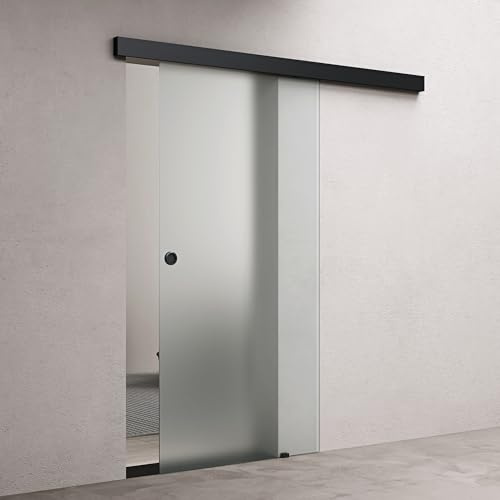 doporro Glasschiebetür Komplettset 77,5x205cm ESG-Glas Vollsatiniert | Schiebetür mit Schwarz Muschelgriff | 25mm Wandabstand | Edelstahl Türgriff | Aluminium Abdeckblende | Amalfi-plus 12