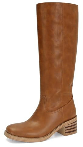 DOEYG Botas altas hasta la rodilla para mujer, botas de equitación, tacón grueso, botas altas de motocicleta, punta redonda, pantorrilla ancha, cómodas, botas de motociclista, Marrón, 42.5 EU