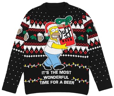 Jersey Navideño Simpsons Hombre en Negro | Homer Simpson Es el momento más maravilloso para un suéter tejido con cerveza para adultos | Regalo festivo de mercancía de punto de jersey de dibujos