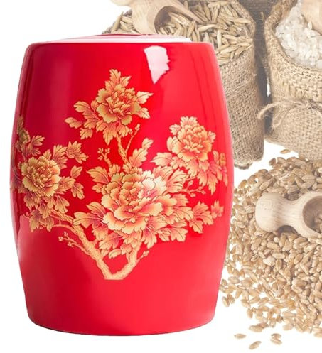 Ceramic Rice Storage Container 5KG/10KG/15KG/25KG Airtight Rice Dispenser with Lid Cereal Containers Large Rice Jar for Rice Noodles Snacks(Red,25KG)