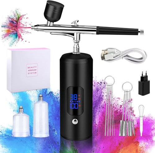 Daakro 38PSI Dual Action Airbrush Set, wiederaufladbare kabellose Spritzpistole mit Kompressor mit 17 Zubehör, Tragbare Mini pritzpistole mit Kompressor für Kunst, Make-up, Kuchen dekorieren