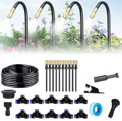 Automatisches Gartenbewässerungssystem, 360° Gebogen Drip Bewässerung Kit, Verstellbare Kupferdüse, Sprühnebelsystem für Gewächshaus, Garten und Rasen (10M)