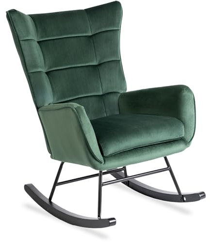 MEBEL ELITE Schaukelstuhl Relaxsessel Samt Grün - Schaukelsessel mit Armlehne - Schaukel Sessel Wohnzimmer mit Metallgestell und Holzkufen - Lesesessel Bequem Leicht zu Reinigen