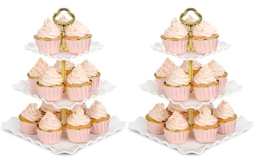 NWK Pack of 2 Large Stable 3-Tier Cupcake Stand Square Shape (Gold) | Plastic Cake Stand Set, Tiered Serving Tray, Dessert Display Stand, For Wedding, Birthday, Graduation, Afternoon Tea Party