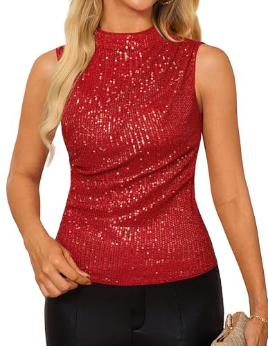GRACE KARIN 2025 Damen Vintage Funkelnde Glitzer-Pailletten Tank Tops Ärmellos Slim Fit Party Cocktail Festlich Oberteil Rot S
