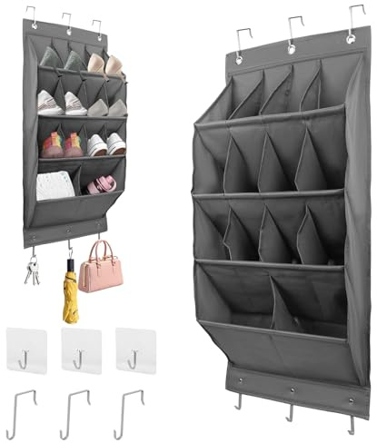 FitRepa Schuhaufbewahrung Hängend Schuh Organizer Hängend mit 14 Großen Taschen, Über der Tür Schuhregal für Schrank mit 3 Metallhaken und 3 Haken Selbstklebend (Grau)