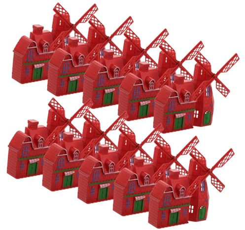 Gatuida 10pcs Red Windmill House Model Plastic Farmhouse Miniature Vintage Windmill Garden Decor Micro Landscape Fairy Garden Accessories Ornamental Dutch Model