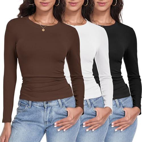 GetGigt 3 Pack Womens Long Sleeve Tops Crew Neck Slim Fit T Shirts Thermal Undershirts Y2K Top Stretchy Fashion Clothing